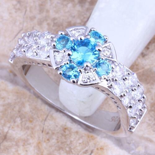 Captivating Blue Cubic Zirconia White CZ Silver Plated Womens Jewelry Ring Size 6 / 7 / 8 / 9 R1492