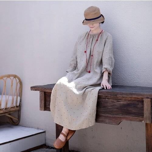 Autumn rain dew color small red wave dot cut round neck back rope loose dress Robe 2021028