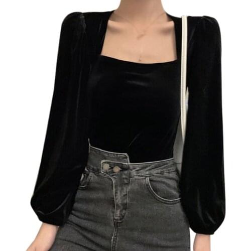 French Design Niche Short Shirt Women Retro Square Collar Puff Sleeve Velvet Blouses Black Top 2021