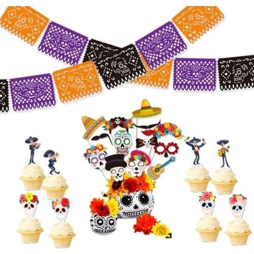 Art of Paper-cutting Plastic Flower on The Day of The Dead, Plastic Flags Halloween Ghost Festival Decoration Plastic Banners