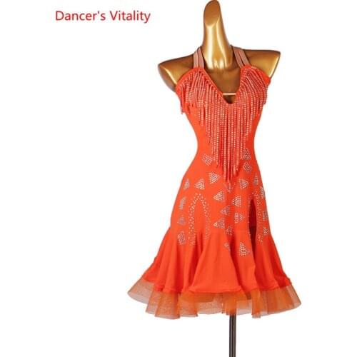 Latin Dance Dress V-NeckTassel Diamond Skirt Performance Clothes High-End Custom Adult Child Profession Competition Clothing