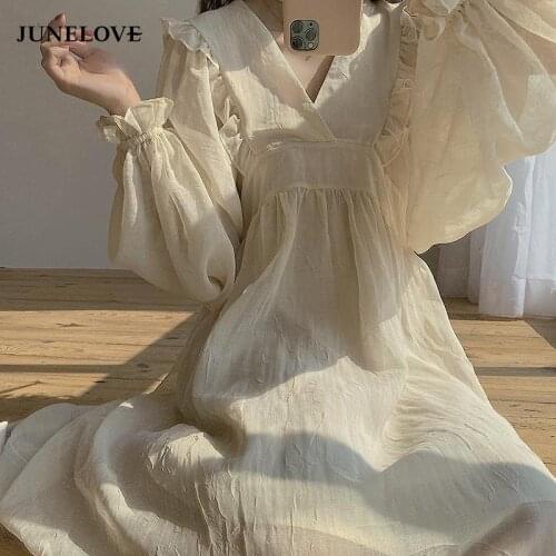 JuneLove Dress Solid Ulzzang Leisure Lovely Preppy Style Student Sweet Girl Chiffon Summer V-neck Retro Vintage Baggy Loose Maxi