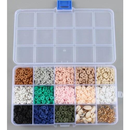 6mm 15 Grid 2600Pcs Flat Round Polymer Clay Spacer Beads Classic Elastic String Lobster Clasp Box for DIY Bohemia Jewelry Making
