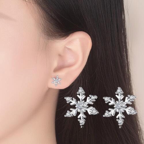 New Design CZ Crystal Snowflake Stud Earrings for Women Girl Small Cute White Gold Plated Earring Fashion Christmas Jewelry Gift