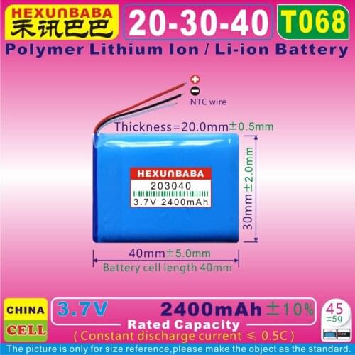 [T068] 3.7V 2600mAh [203040] NTC;Polymer lithium ion / Li-ion battery for tablet pc,E-BOOK,DVD,mp3,POWER BANK;GPS