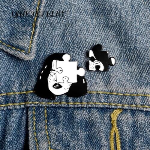 QIHE JEWELRY Punk Woman Face Jigsaw Puzzle Lapel Enamel Pins Special Couple Brooches Badges Clothes Bags Pins Gift for Friends