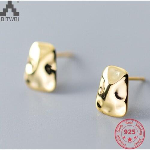 BITWBI Korea Hot Style 100% 925 Sterling Silver Simple Fashion Gold Irregle Geometric Stud Earring for Women Jewelry