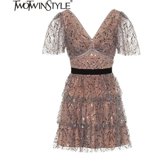 TWOTWINSTYLE Colorblock Lace Panel Dress For Female V-neck Short Sleeve Womens Elegant Mini Dresses Fashion Clothing 2021 Style