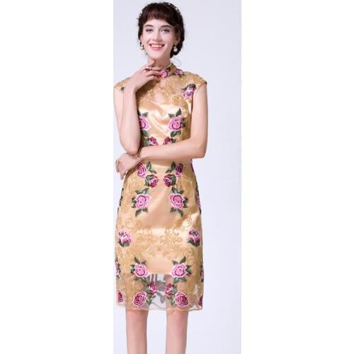 MIUXIMAO 2020 Summer Newest Vintage Stand Neck Sleeve Mesh Flower Rose Embroidery Knee-Length Dress Women