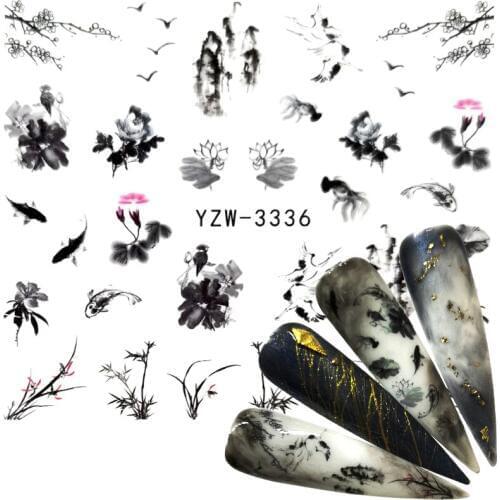 LCJ 1 Sheet Chinese Landscape Painting Style Fish Floral Bird Adhesive Nail Art Stickers Decorations DIY Salon Tips