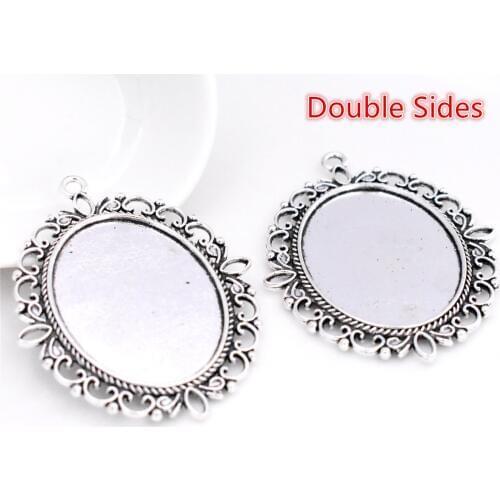 2pcs 30x40mm Inner Size Antique Silver Plated Double Sides Flower Style Cabochon Base Cameo Setting Charms Pendant