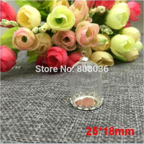 Freeshipping 20sets/lot 25*18mm DIY Clear Dome Cloche Glass Bottle Pendant, silver lace plated Apothecary Terrarium vial pendant