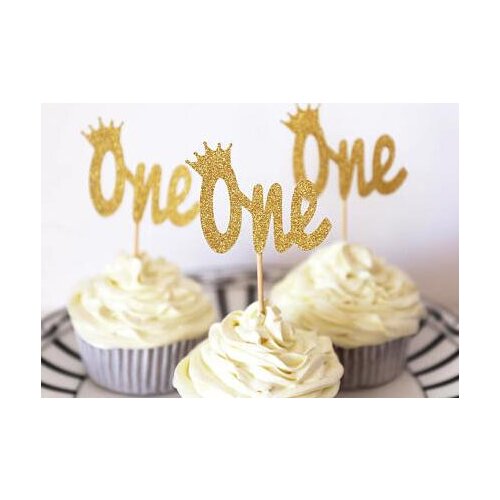 Glitter gold One with Crown baby shower Birthday Cupcake Toppers baptism Gender Reveal Party Decor food treats picks
