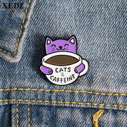 2020 cute cat & coffee cup enamel pin custom animal brooch cat and caffeine badge bag lapel brooch buckle jewelry gift to friend