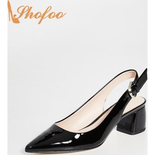 Black Slingback Pumps High Block Heels Patent Leather Women Pointed Toe Large Size 12 15 For Ladies Fashion Buckle Shoes Shofoo