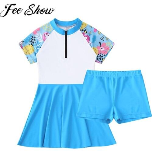 Kids Girls Bathing Suits Summer Beach Swimwear Quickly Dry Swimming Dress with Shorts Set Two Piece Swimwear Girls Swimming Suit