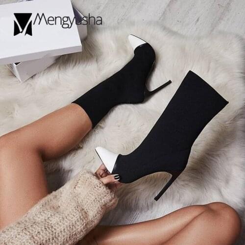 European brand stretch sock boots women black/white patchwork slip on short boots big size 9.5 10 ladies winter botas mujer 2018