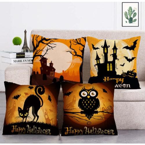 Halloween Castle owl black cat print Cushion Cover Linen Throw Pillow Car Home Decoration Decorative Pillowcase T382