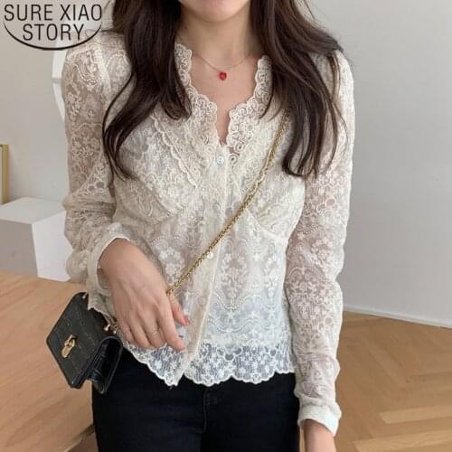 Korean Chic Thin Lace Shirt 2021 Long Sleeve Tops Women Lace Blouse Blusas Mujer De Moda Verano Autumn New V-neck Clothes 14683