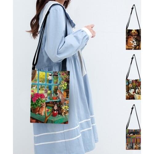Cute Cat Oil Painting Print Women Mini Canvas Shoulder Bag Fabric Handbag Totes Ladies Casual Small Flap Bags Giirls Gift