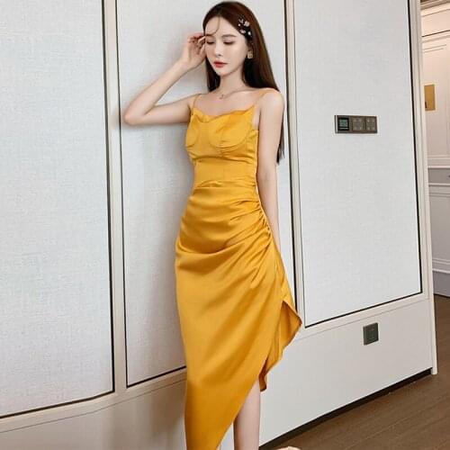 Fashion Korean Sexy Strap Sleeveless Midi Party Club Dress Ladies Elegant Robe Casual Asymmetrical Satin Beach Vacation Dress