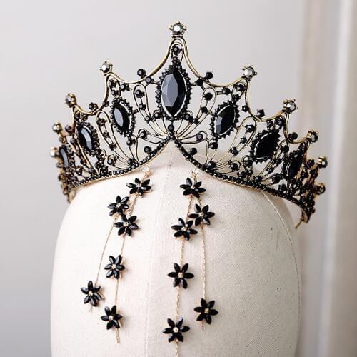 Fashion black crystal hair crown earrings Baroque atmospheric birthday hair decoration wedding hair accessories