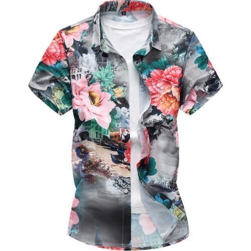 Mens Flower Shirt For Summer Leisure Fashion Floral Print Short Sleeve Shirts 2018 New Casual Camisas Short Sleeve Shirts M-7XL