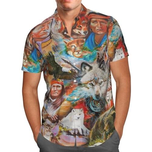 Vintage 3D Native Indian Wolf Hawaiian Shirt Men Summer Fashion Short Sleeve Shirts Oversized Chemise Homme Camisa Masculina 5XL