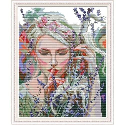 Listening Silence Girl Woman and Lavender Flower Embroidery Needlework 14CT Unprinted Cross Stitch Kits DIY Handmade Home Decor
