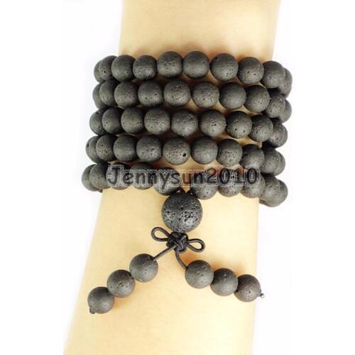 Nature Volcanic Lava 8mm Gem Stone Buddhist 108 Beads Prayer Mala Multi-Purpose Stretchy Bracelet Necklace 2Strands/Pack
