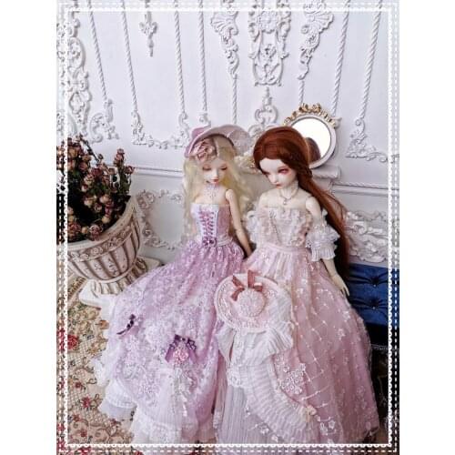 BJD doll clothing is suitable for 1/3 1/4 size vintage small dress lace small dress set (hat + skirt + necklace) doll accessorie