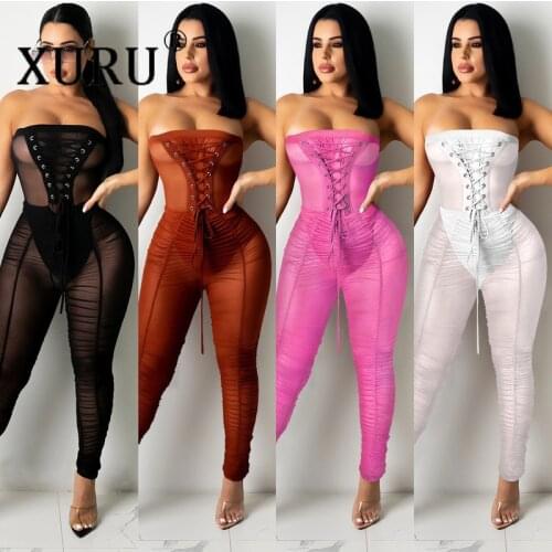 XURU Solid Color Chest Wrap Sexy See-through Jumpsuit European and American New Nightclub Womens Trousers Jumpsuit