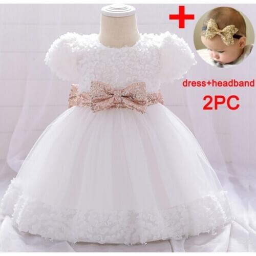 PLBBFZ Send Headban Girl Baby Christening Gown First 1st Birthday Dress Party Kids Clothes Toddler Clothes Infant
