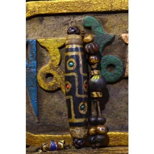 5" Tibet Buddhism Old Natural agate mosaic Gem Filigree Three eyes Dzi Bead Pendant Exorcism Ward off evil spirits Town House