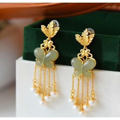 Silver inlaid natural Hetian chalcedony butterfly Tassel Earrings Chinese light luxury unique noble womens brand jewelry