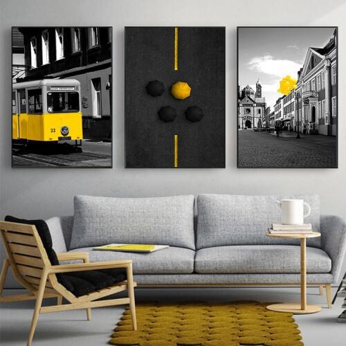 Modern Canvas Art Landscape Combination Canvas Painting Yellow Bus Picture on Canvas Nordic Black White Wall Art Decoration