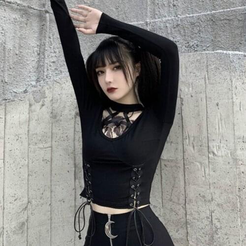 Renaissance Gothic Dark Punk Girl Long Sleeve T-Shirt Top Hollow Pentagram Harajuku Woman Sexy Bandage Vintage T-Shirt Tops