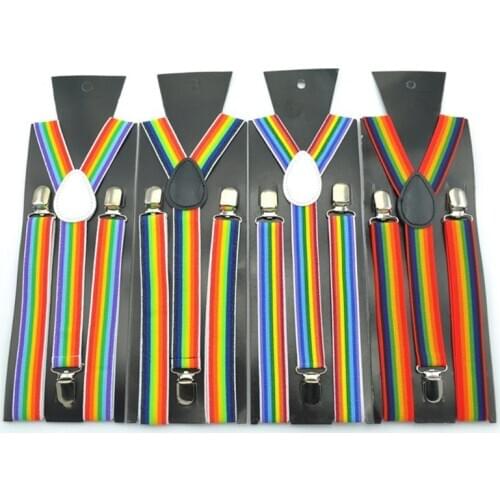 Unisex Wide Adjustable Y-Back Suspenders Rainbow Colorful Striped Belt with Clip 2XPC