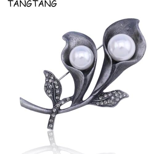TANGTANG Black Brooch Vintage Brooches For Woman Simulated Pearl Brooch Pin Retro Design Rhinestone Jewelry Pin Flower Accessory