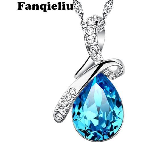 Fanqieliu Fine Jewelry Sterling 925 Silver Chain Heart Pendant Necklace For Women Blue Crystal Pendants Woman FQL20266