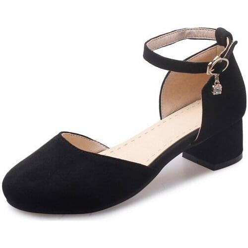 Big Size ladies high heels women shoes woman pumps Roundheaded singleshoe with onebutton thick heel