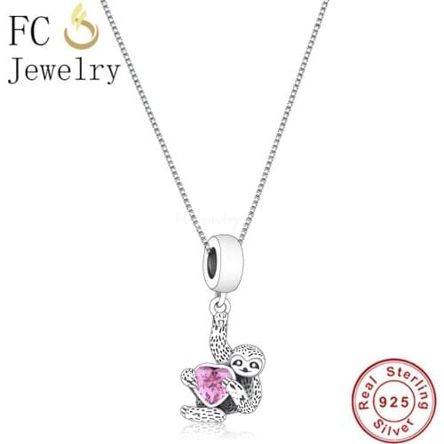 925 Sterling Silver Vintage Sloth With Pink Zircon Stone In Heart Pendant Necklace For Women Chain Choker Trinket 2021 Summer