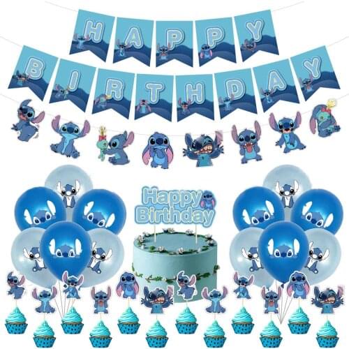 1Set Stitched Party Supplies Blue Stitching Balloons Happy Birthday Banner Flag Ornaments Cake Topper Decorations Boy Toy Gift