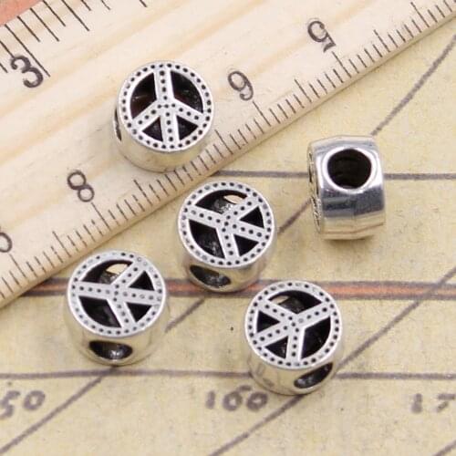 10pcs Beads Peace Symbol 4.5mm Big Hole Vintage Charms European Pendant Fit For Bracelet DIY Antique Silver Color Fit Making