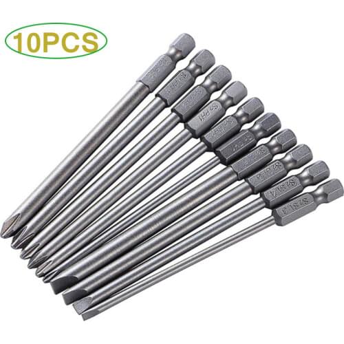 10pcs/set 100mm Alloy Steel S2 Slotted Phillips Screwdriver Bits Straight Cross Head Batches Screwdriver Set