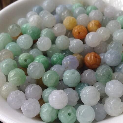 10PC Natural Jade Emerald Tri Color Lotus Flower 8 Bead Accessories DIY Bangle Charm Jewellery Fashion Hand-Carved Luck Amulet