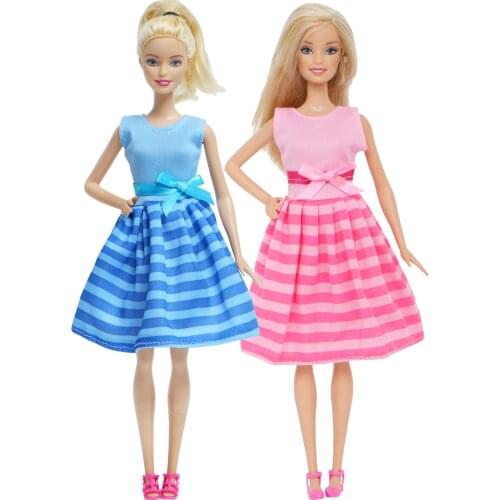 2Pcs / Lot = 1x Handmade Fashion Dress Bow-knot Stripe Skirt + 1x Flat Sandal Shoes Clothes for Barbie Doll Accessories Kids Toy