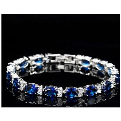 2020 New Arrival High Quality Luxury Jewelry 925 Sterling Silver Oval Cut Blue Sapphire CZ Diamond Gemstones Women Bracelet Gift