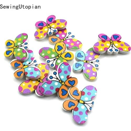 50PCS Colorful Butterfly Wooden Buttons Fit Sewing and Scrapbooking Sewing Buttons for Craft DIY Mixed 28MM