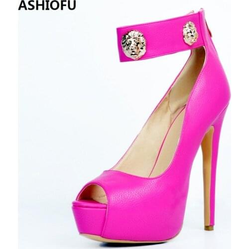 ASHIOFU Handmade New Womens Pumps Ankle Strap LIONHEADS Party Prom Dress Shoes Stiletto High Heel Fashion Evening Court Shoes
